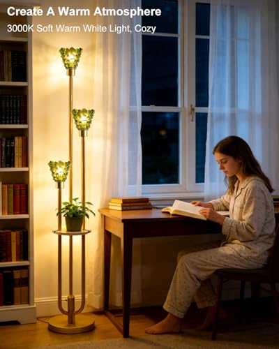 Image of Lightdot Green Glass Floor Lamp with Shelf, 63IN Mid Century Modern Gold Standing Lamps with 3 3000K Soft Warm White Bulbs Included, Floor Lamp with 5Lbs Heavy Base for Living Room /Wedding /Office