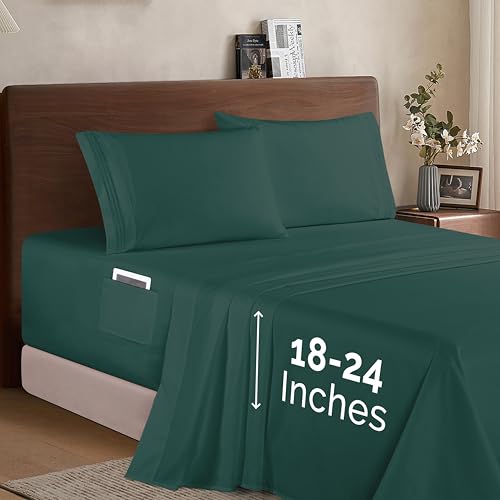 Elegant Comfort Luxury 1500 Premium Hotel Quality Microfiber 4-Piece Sheet Set - Soft, All Around Elastic 18-24 Inches Deep Fitted Sheet - Extra Deep Pocket Sheets, Queen, Hunter Green