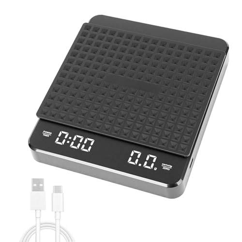 PopuLike Digital Kitchen Scales with Timer, 0.1g High Precision Coffee Scale for Espresso, USB Rechargeable Kitchen Scales with Silicone Heat-Resistant Pad, OZ Ml G Units, Max 3kg for Domestic Use
