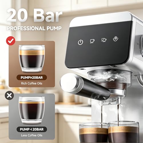 Image of AMZCHEF 20 Bar Compact Home Espresso Coffee Machine, Matte Silver | LED Touch Screen, Auto Milk Frother, Stainless Steel Body, Makes Latte & Cappuccino, Ideal for Coffee Beginners