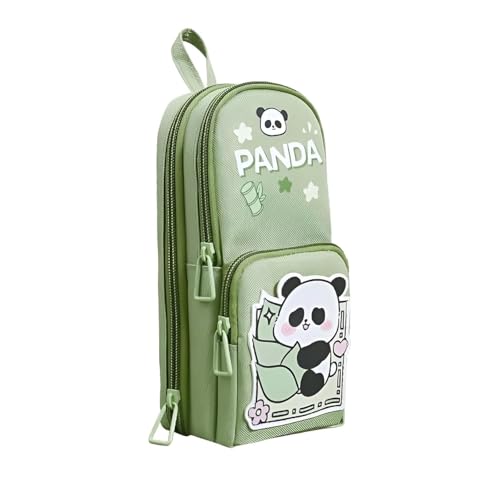 Image of Canvas School Bag Pencil Case, 3 Layer 6 Compartment Large Capacity, Aesthetic Pencil Pouch for Stationary, Cute Stationery for Kids, Pencil Case for Girls & Boys (Green)