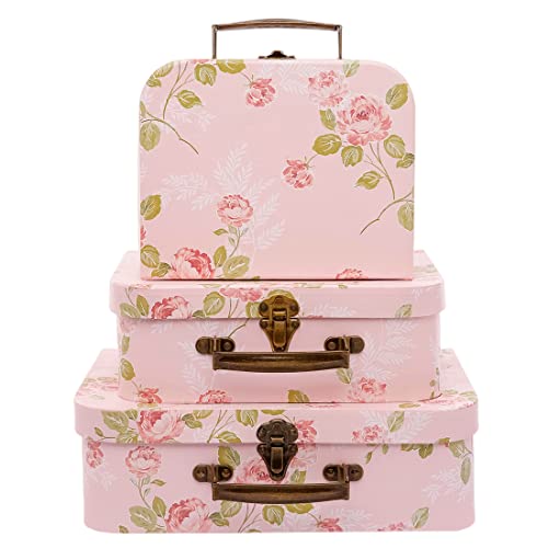 Amedoo Paperboard Suitcases Set of 3 Decorative Storage Boxes With Lids, Gift Boxes With Lids For Presents, Compatible with Travel Dollhouses, Wedding Card Box or New Year Decorations (Pink Flowers)