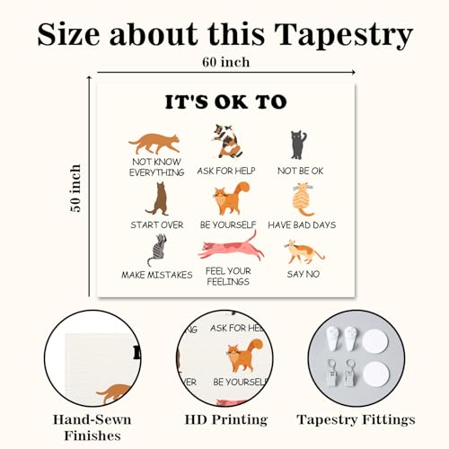 Cat Mental Health Tapestry, Funny Cat Meme Wall Hanging Decor for Therapy Room & Office, Inspirational Motivational Affirmations Banner, Self Care Cute Gifts for Women, Teachers, Teens (50x60 Inches)