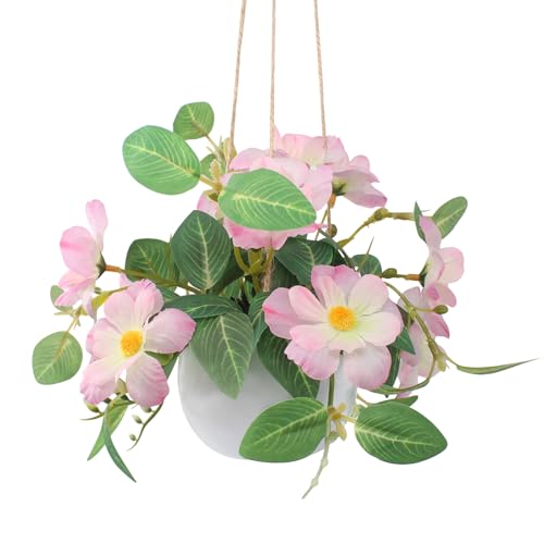 Artificial Flower Hanging Fake Daisy Plants Plastic Vase for Wedding Office Porch Balcony Home Decor Table Centerpieces - Pink