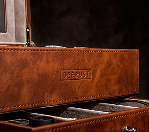 Beerust Watch Box Organizer For Men - Leather Watch Case - Luxury Watch Box - For Large Mens Wrist Watches - Mens Jewelry Box Organizer - Watch Case - With Mens Valet Drawer - Watch Display Case #TOP2