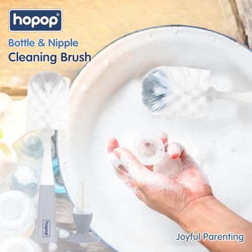 Image of Hopop Baby Feeding Bottle Cleaning Brush & Nipple Cleaner |2 in 1 Flexible Bristle Bottle Brush | Grooved Handle with Suction Base | Easy to Clean Narrow & Wide Neck Feeding Bottles | Grey