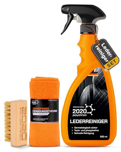 2020 Polychrom Lederreiniger Set Auto Leder Reiniger mit Mikrofaser & Holzbürste mit Pferdehaar Tiefenreinigung für Autositze Kunstleder & Möbel