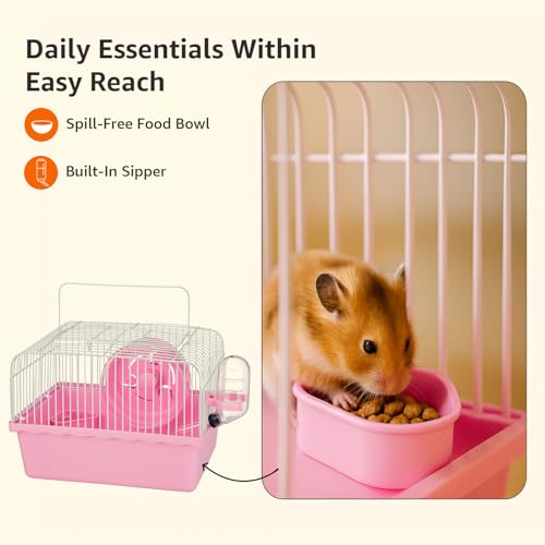 Image of Amazon Basics Hamster, Gerbil, Guinea Pig Cage and Playhouse | Pink | Spacious Plastic Cage for Small Pets | Double Story with Slide, Exercise Wheel and Feeding Bottle | LxWxH- 23x 17x 25 Cm