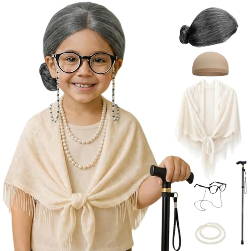 7pcs 100 Days of School Costume – Old Lady Costume for Kids & Women, Grey Old Lady Wig, Grandma and Granny Outfit with Glasses and Accessories