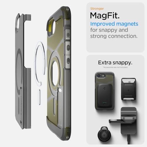 Image of Spigen Tough Armor (Ai) MagFit for iPhone 17e /16e Case, Frost Black | Military-Grade Drop Protection, Tactile Button Cover, Kickstand, Compatible with MagSafe, Screen Protector Compatible