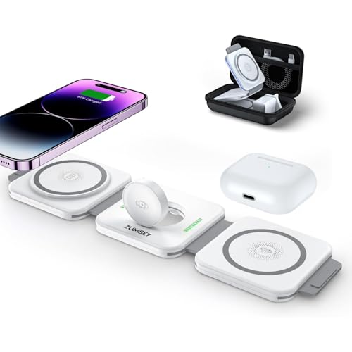 ZUMSEY 3 in 1 Wireless Charging Station for Apple, Foldable Wireless Charger for iPhone 17 Pro Max/16/15/14/13/12, Travel Charger for Apple Watch Ultra 3/11/10/9/Ultra 2/Ultra/AirPods Pro 3/4/3/2
