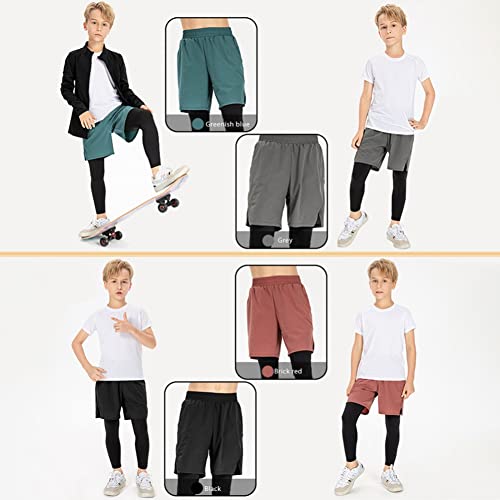 Boy' Compression Athletic Pants 2 in 1 with Pockets for Kids Youth Running Tights Shorts Leggings for Sports 5-12 Years4