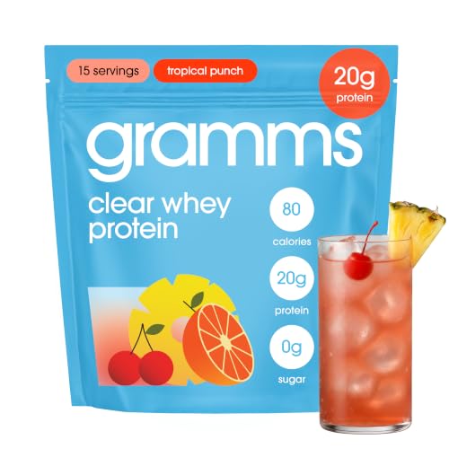 Image of GRAMMS Clear Protein Powder | 20G Whey | Tropical Punch | 15 Servings | Gluten Sugar Lactose Free | 3rd Party Tested for Purity, Grass Fed European Whey, No Sucralose