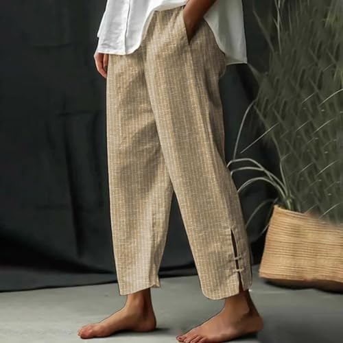 Womens Cotton Linen Pants Straight Leg High Waisted Striped Trousers Casual Loose Fit Side Slit Pants with Pockets2