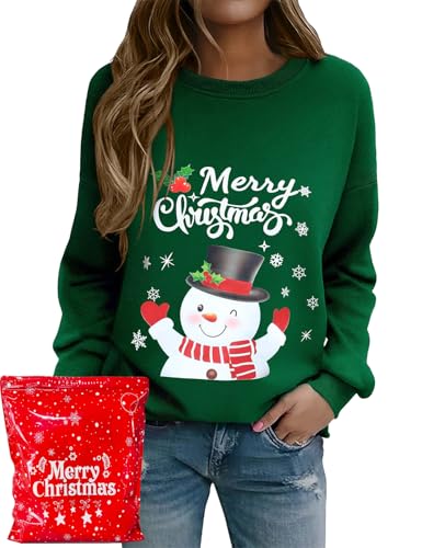 Lonya Weihnachts Sweatshirt Damen Weihnachtspullover Lustiges Xmas Druck Casual Rundhals Langarmshirt Cozy Party Pulli Schneemann-Grün,L