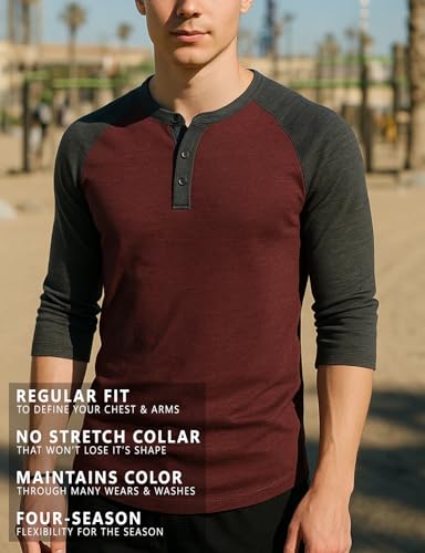 H2H Men's Slim Fit Casual Raglan 3/4 Sleeve Henley Baseball Jersey Knit T Shirt Burgundy US 2XL/Asia 3XL (CMTTS0229) - Thumbnail 5