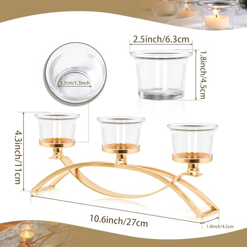 Gold 3-Arm Metal Tea Light Candle Holder Set with 5 Glass Cups, Votive Candle Holders Centerpiece Candelabra for Wedding Table Decor, Home Gatherings and Holidays - Image 4