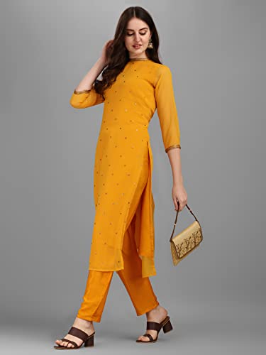 Image of Hritika Women Yellow Solid Seqiun Embroidered Faux Georgette Readymade Salwar Suit Set [S Size] (HRKB0070YELW S)