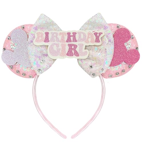 Trnerm Birthday Mouse Ears Headband for Women, Pink Sequin Bows, Halloween & Christmas Party Decorations, Costume Headwear