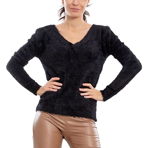 Toocool Pull Femme Col en V Poilu Eco Fourrure Pull VI-9516, Nero, L-XL