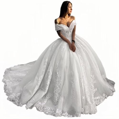 Zhangyo Off Shoulder Wedding Dresses with Train Puffy Lace Appliques Wedding Gown for Bride Princess Tulle Bridal Dress