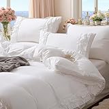 Bedorm White Ruffle Duvet Cover Queen Shabby Chic Bedding Set Pleat Ruffled Farmhouse Pure White Comforter Cover Extra Soft & Easy Care Boho Duvet Cover Set