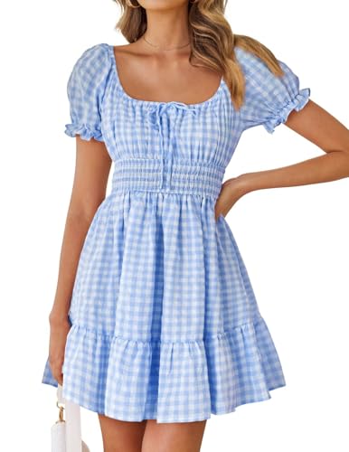 Women's 2025 Summer Puff Short Sleeve Plaid Mini Dress Boho Square Neck Ruffle A Line Swing Short Dresses