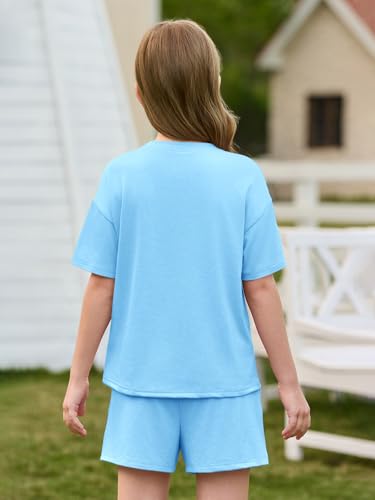 Image of Haloumoning Girls Summer 2 Piece Outfits Kids Oversized T Shirts and Shorts Clothing Sets 5-14 Years