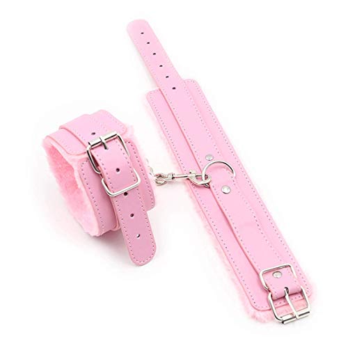 Aomeiter Leather Handcuffs Set, Adjustable Handcuff + Whip Strong and Durable PU Leather Soft Fur Cuffs Multifunctional Bangle, Pink - Thumbnail 4