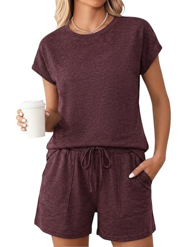 Uniexcosm Pijamas Corto Mujer de Verano, Pijamas para Mujer Algodon con Bolsillos Ropa de Casa Dormir de Manga Corta Conjunto Pijama Color Liso en Cuello Redondo para Casual,Burdeos,L