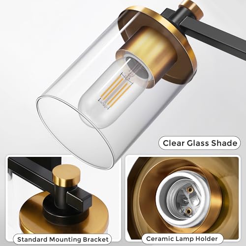 Image of DORESshop 2-Light Black and Gold Bathroom Light Fixtures, Vanity Lights Fixture with Clear Glass Shade, Bathroom Vanity Light for Mirror Kitchen Bedroom, Modern Wall Lights Over Mirror