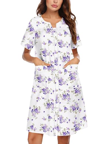 Image of Ekouaer Nightgowns for Women House Dress with Pockets Snap Front House Coat | Duster Mumu Dress, Short Sleeve Moo Moos, Plus Size Sleepwear, Casual Lounge Dress, Labor Delivery Gown, Daily Wear, Home