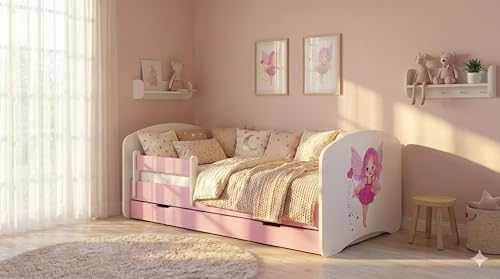 Happy Babies Kinderbett - Mit Matratze & Schublade und Rausfallschutz, 80x160, Mädchen Kinderbetten & Jugendbett Jungen Kids Bed, Jugendbett für Bodentief Ausziehbett Kleinkind, Lattenrost