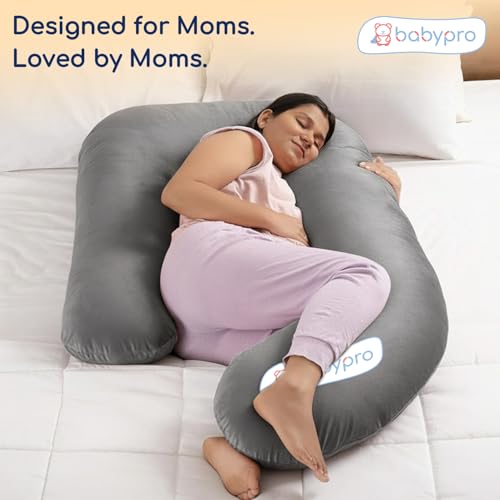Image of BabyPro J-Shaped Pregnancy Pillow with Silky Cooling Velvet Cover, Grey | Full Body Pillow for Back Pain, Head, Belly, Hips & Knees, Soft Cushion