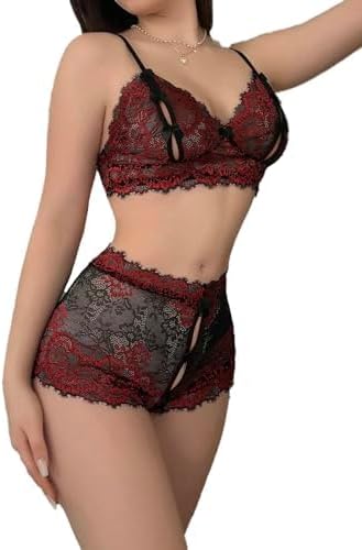 Gemsabbly女性用セクシーランジェリー、蝶結びサスペンダー2ピースセット、ブラジャーとショーツ、くり抜いたレース人形服