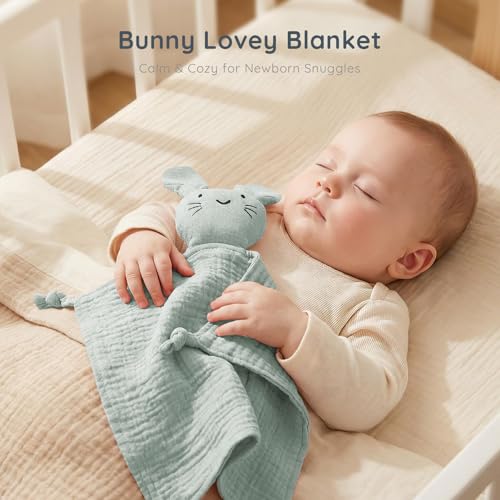 Image of Green Bunny Organic Cotton Muslin Lovey Security Blanket for Newborns | Soft Muslin Comfort, Easy Grip Design, Self-Soothing Support, Baby Shower Gifts