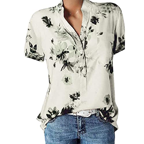 Damen Bluse, Damen Bluse Kurzarm V-Ausschnitt Hemdbluse Sommer Shirt Blumen...