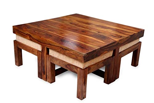 Image of Furniture Solid Sheesham Wood Coffee Table with 4 Stools | Sheesham Wood Coffee Table for Living Room (Natural Honey Finish, Coffee Table)