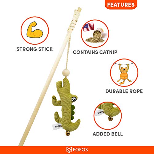 Image of BarkButler x Fofos Cat Teaser Toy Crocodile,Green|US Grade Catnip Inside|Durable Wooden Stick+Robust Rope|Interactive|for All Cat Breeds & Kittens