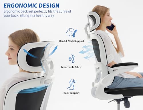 Image of TRALT Ergonomic Office Chair - Desk Chair with Adjustable Headrest Lumbar Support Computer Chair - Mesh Comfy Chair with Flip-up Armrests - Gaming Chairs for Adults Home Office (Leather, Black White)
