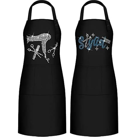 Hair Stylist Apron Hairstylist Salon Apron with Rhinestone Tools and 3 Pockets Waterproof Hairdresser Barber Aprons, Mainly Black, One Size Cover