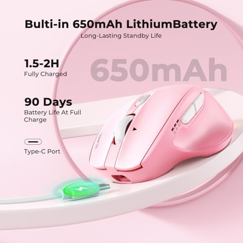 MEETION Pink Wireless Bluetooth Mouse, Rechargeable Ergonomic Mouse - 2
