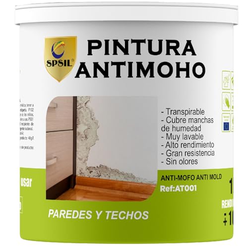 SPSIL Pintura Antimoho - Previene la aparición de moho - Idel para cocina, baño, garaje - Uso Interior/Exterior - Sin olor desagradable - Secado en 2h (Blanco) (1 Kg)