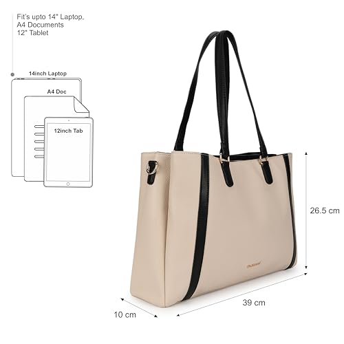 Image of Fastrack Metro Carry Laptop Tote | Faux-Leather Women's Handbag | white with black Details | 14 inch Laptop Compatible | Dual Carry Options | Pebbled Texture