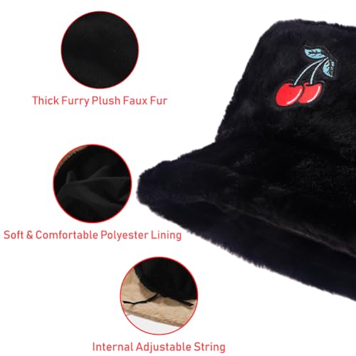 Image of Bucket Hat Women Furry Fuzzy Bucket Hats for Ladies, Winter Warm Fluffy Plush Faux Fur Hat for Women