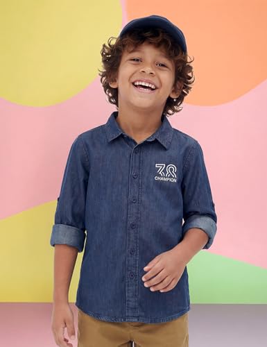 Image of Amazon Brand - Symbol Boys 100% Cotton Regular /Mandarin Collar Denim Shirt | Full Sleeves | Regular Fit | Age 2-14 Years