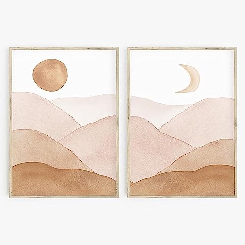 Image of Boho Wall Art Sun and Moon Print Canvas Art Mid Century Modern Wall Decor Boho Minimalist Wall Art Watercolor Paintings Landscape Abstract Artwork Poster for bedroom Set of 2(16x24 Inch) Unframed
