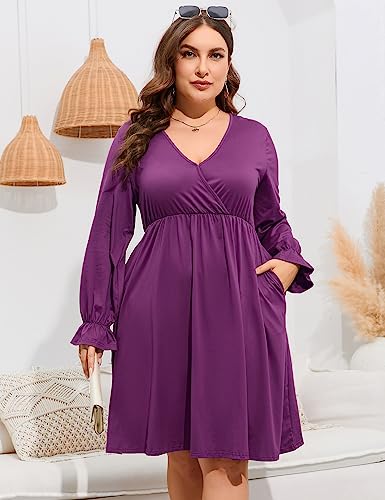 Image of ShopWonder Plus Size Dress Women's V Neck A-Line Knee Length Wrap Swing Dresses Plus Size A Line Party Mini Dress