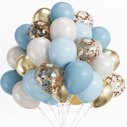 Image of 12 Inch 60pcs Dusty Blue Balloons White Sand Metallic Gold Confetti Party Balloons Light Baby Blue White Gold Latex Balloon for Boy Baby Shower Birthday Wedding Party Decoration