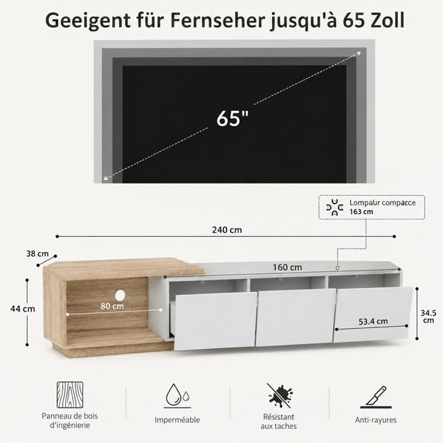 Szafka pod telewizor 163 cm-240 cm z oświetleniem, stolik pod telewizor z 3 szufladami, wysuwany stojak pod telewizor, meble do salonu, wysoki połysk biały i naturalny rysunek słojów, 240 x 38 x